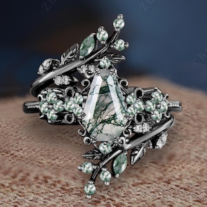 Vintage Coffin Cut Moss Agate Engagement Ring Set Unique Black Gold Milgrain Propose Promise Ring Leaf Enhance Wedding Band Anniversary Gift