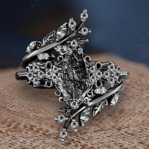 Antique Coffin Cut Black Rutilated Quartz Engagement Ring Set Gothic Black Gold Propose Ring Leaf Twig Enhance Wedding Band Anniversary Gift