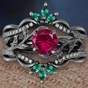 Förlovningsring med älvrund fyrverkeriprydd rubin, gotisk 14K svart guld, trådlindad friarring i art déco-stil, böjd vigselring