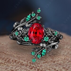 Vintage Oval Cut Ruby Engagement Ring Set Black Gold Cluster Emerald Propose Promise Ring Art Deco Leaf Branch Enhance Stacking Wedding Band