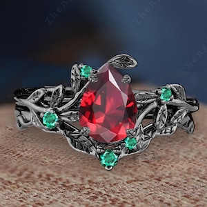 Vintage Pear Cut Ruby Engagement Ring Set Black Gold July Birthstone Bridal Promise Ring Cluster Emerald Leaf Stakcing Curved Wedding Band