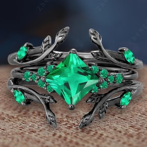 Princess cut emerald engagement ring Solid 14K black gold may birthstone bridal sets Gothic leaf twig enhance stack double open wedding band
