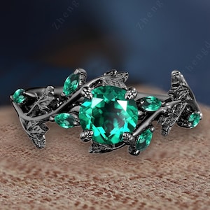 Dainty round cut emerald engagement ring 14K black gold twist cluster may birthstone propose ring Vintage leaf twig bridal ring Promise gift