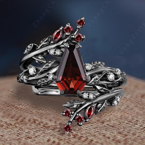 Anillo de compromiso con granate y ataúd único, estilo gótico, con hojas de oro negro macizo, rama realzada, banda nupcial, estilo art déco, regalo de promesa nupcial para ella