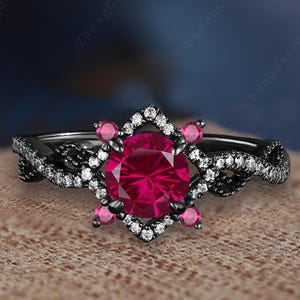 Unik rund fyrverkerislipad rubinförlovningsring Art déco massivt 10k/14k svartguld med vriden födelsesten i juli, friarör, löfte, jubileumspresent