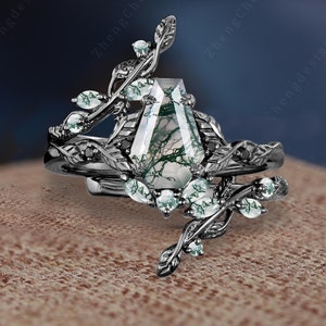 Unique coffin cut moss agate engagement ring 14K black gold twig leaf stacking wedding band Nature inspired art deco bridal promise gift set
