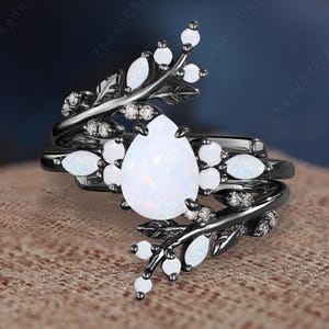 Gothic Pear Cut Moss Agate Engagement Ring Unique 14K Black Gold Vine Leaf Half Eternity Bridal Set Nature Inspired Twig Branch Wedding Band