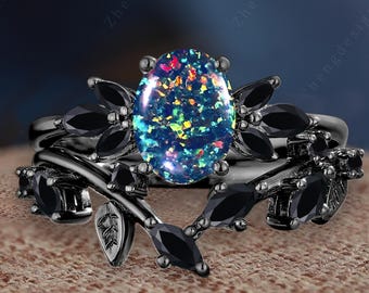 Nature Inspired Oval Black Fire Opal Engagement Ring Gothic Black