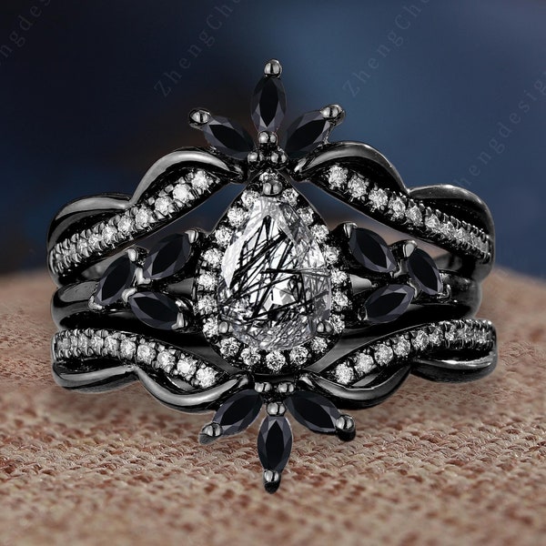 Antique Pear Shaped Black Rutilated Quartz Engagement Ring Set Gothic Black Gold Floral Halo Bridal Promise Ring Enhance Curved Wedding Band