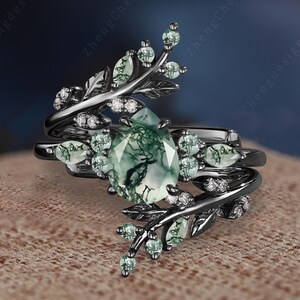 Gothic Pear Cut Moss Agate Engagement Ring Unique 14K Black Gold Vine Leaf Half Eternity Bridal Set Nature Inspired Twig Branch Wedding Band
