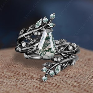 Gothic Coffin Cut Moss Agate Engagement Ring Unique Black Gold Half Eternity Bridal Promise Gift Set Art Deco Leaf Twig Enhance Wedding Band