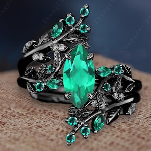 Marquise Cut Emerald Engagement Ring Sets Gothic Solid 14K Black Gold Twist May Birthstone Propose Ring Leaf Twig Enhance Stack Wedding Band