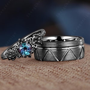 Anillo de pareja de alejandrita de corte redondo gótico, oro negro de 14 k, conjunto de anillo de promesa de ónix negro, anillo de boda para hombre, regalo de aniversario
