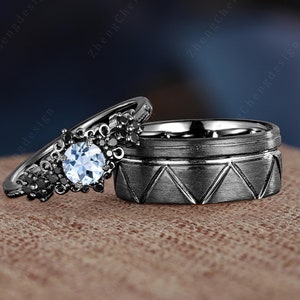 Art deco Round Cut Aquamarine Couple Ring Set His and Her Wedding Band Matching Engagement Ring Unique Bridal Promise Ring Personalized Gift