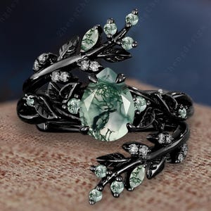 Pear Shaped Moss Agate Engagement Ring Set Solid 14K Black Gold Vine Leaf Propose Promise Ring Gifts Dainty Twig Enhance Stack Wedding Band
