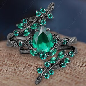 Pear Shaped Emerald Engagement Ring Gothic 14K Black Gold Leaf Desgin May Birthstone Bridal Set Twig Enhance Stack Wedding Band Promise Gift