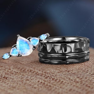 Art deco Pear Moonstone Couples Ring Solid 14K Black Gold Matching Ring Set His and Hers Wedding Band Bridal Promise Ring Mens Hammered Ring