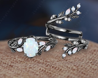 Oval cut white opal engagement ring set Unique black gold engagement ring Art deco marquise enhance wedding band Bridal Promise gift for her