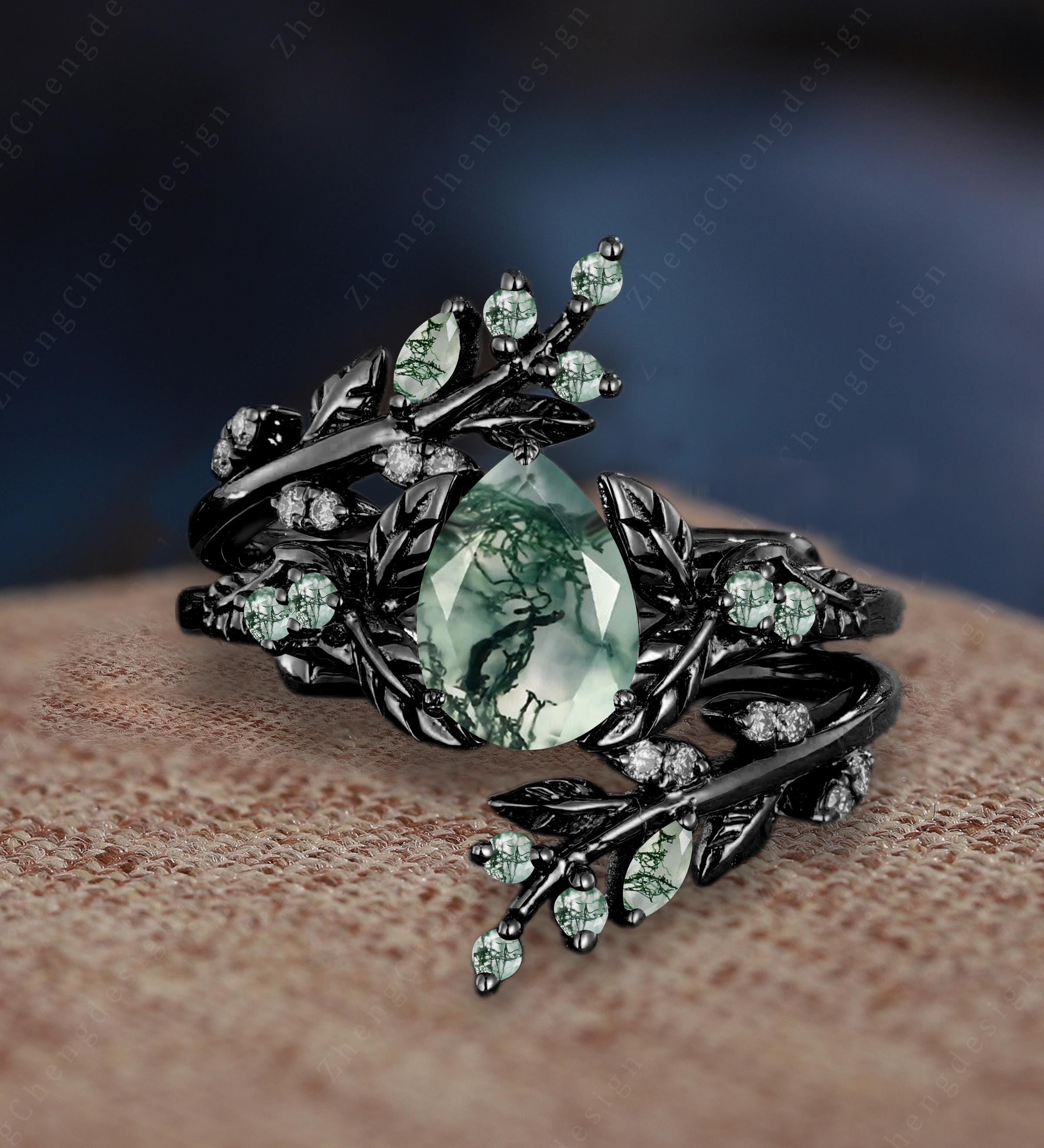 Unique Pear Cut Moss Agate Engagement Ring Set Solid 14K Black Gold Cluster Bridal Promise Ring Vintage Leaf Twig Enhance Stack Wedding Band