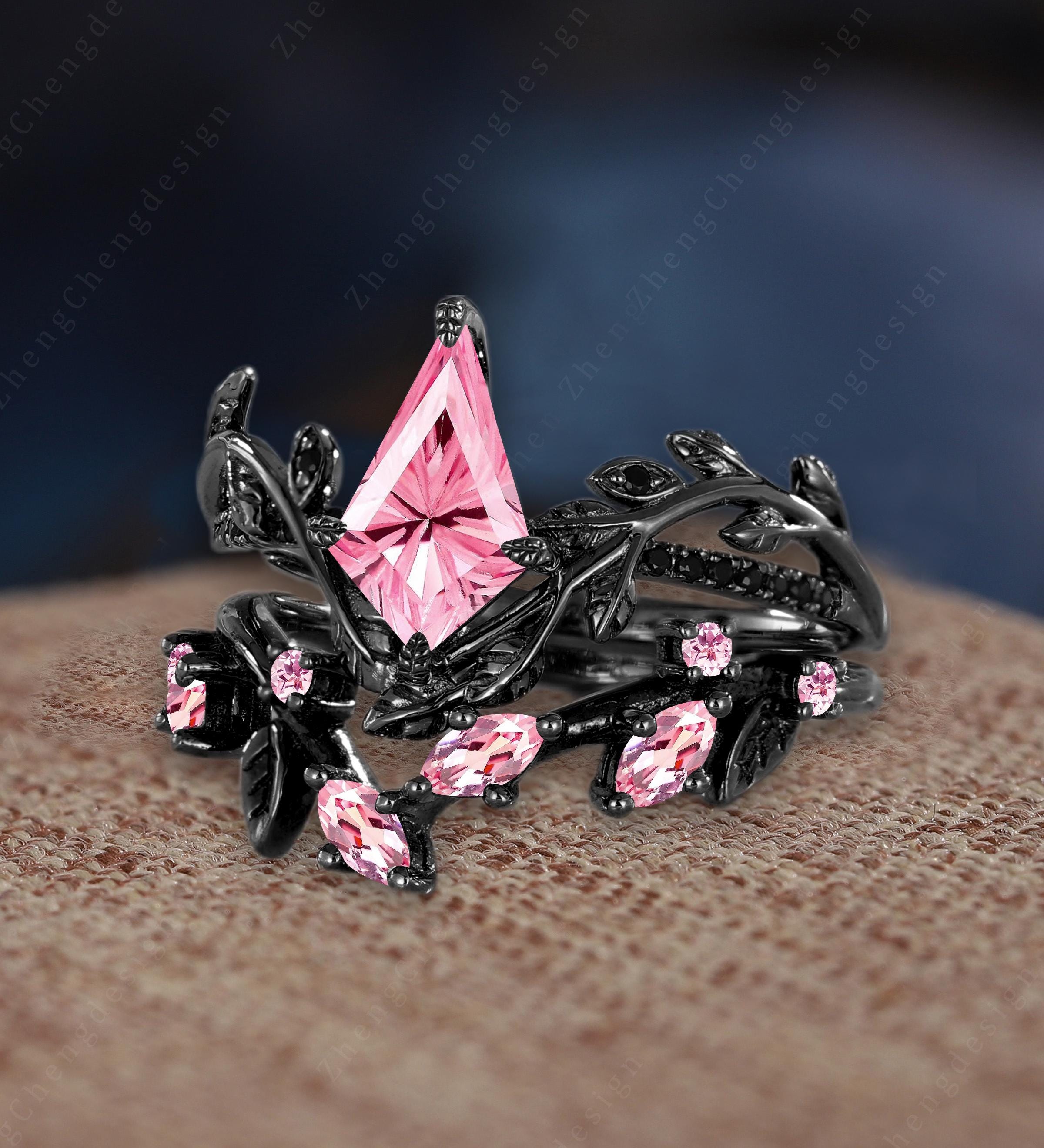 Kite Firework Cut Pink Sapphire Engagement Ring Set Art Deco 14K