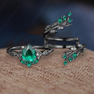 Unique Pear Shaped Emerald Engagement Ring Set Gothic Black Gold Leaf Branch Bridal Promise Gifts Antique Twig Enhance Stacking Wedding Band