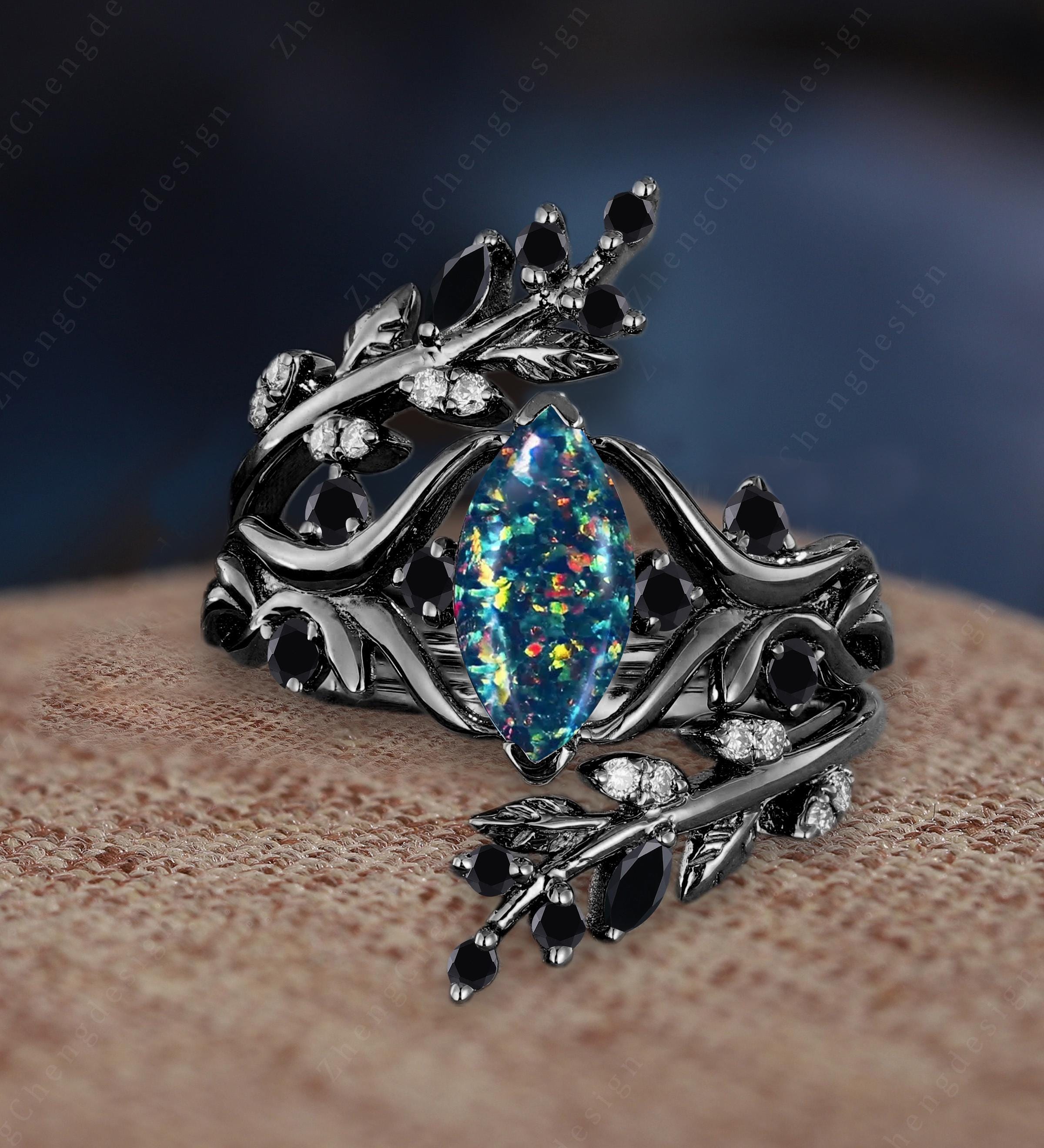 Retro Marquise Cut Black Fire Opal Engagement Ring Set Gothic 14K