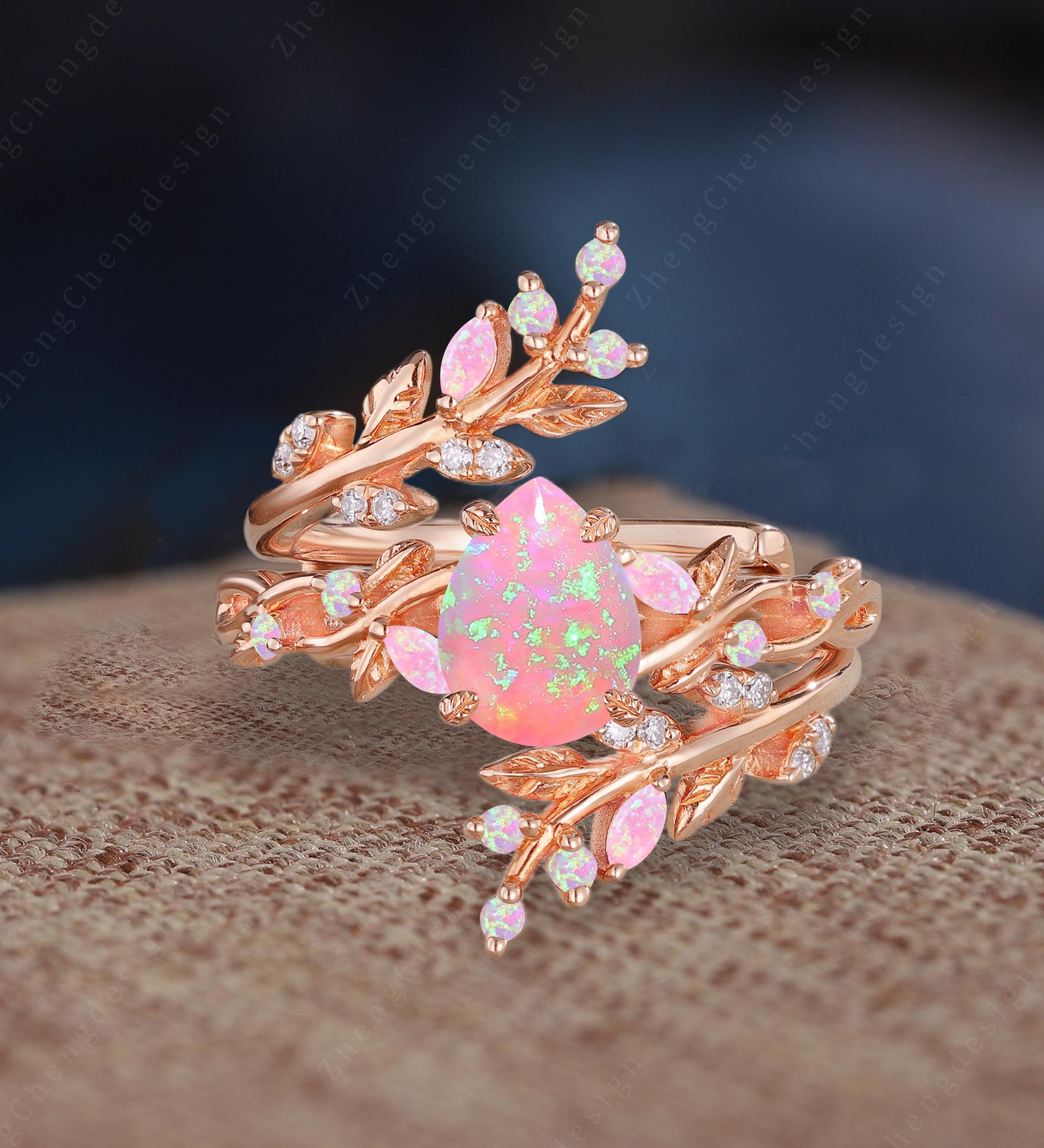 Unique pear cut pink fire opal engagement ring Art deco leaf wedding band Nature inspired rose gold bridal set Handmade jewelry gift for her
