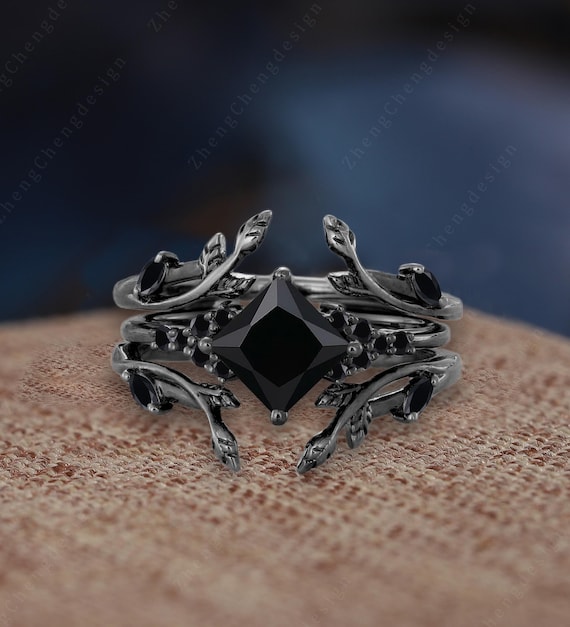 Gothic Princess Cut Black Onyx Engagement Ring Set Solid 10K/14K