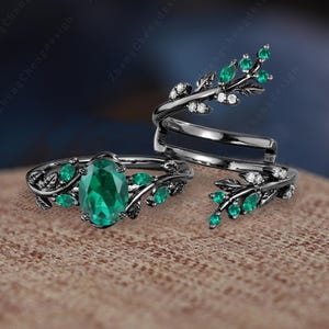 Unique Oval Cut Emerald Engagement Ring Gothic 14K Black Gold Leaf Twig Enhance Stack Wedding Band Branch May Birthstone Bridal Promise Gift