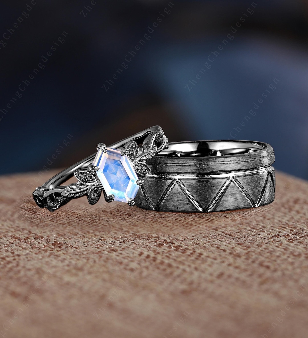 Nature Inspired Hexagon Moonstone Couple Ring His and Hers