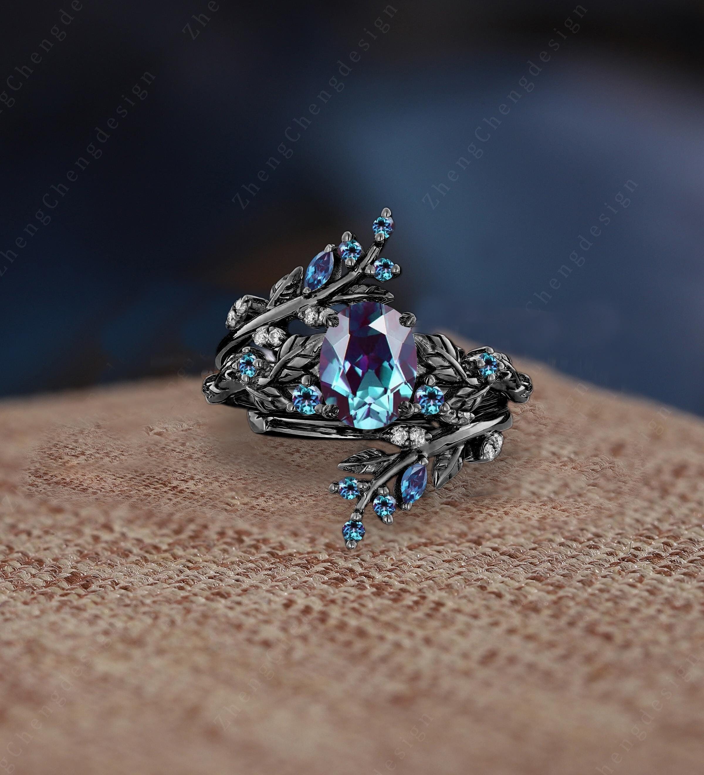 Unique Nature Inspired Oval Cut Alexandrite Engagement Ring Set