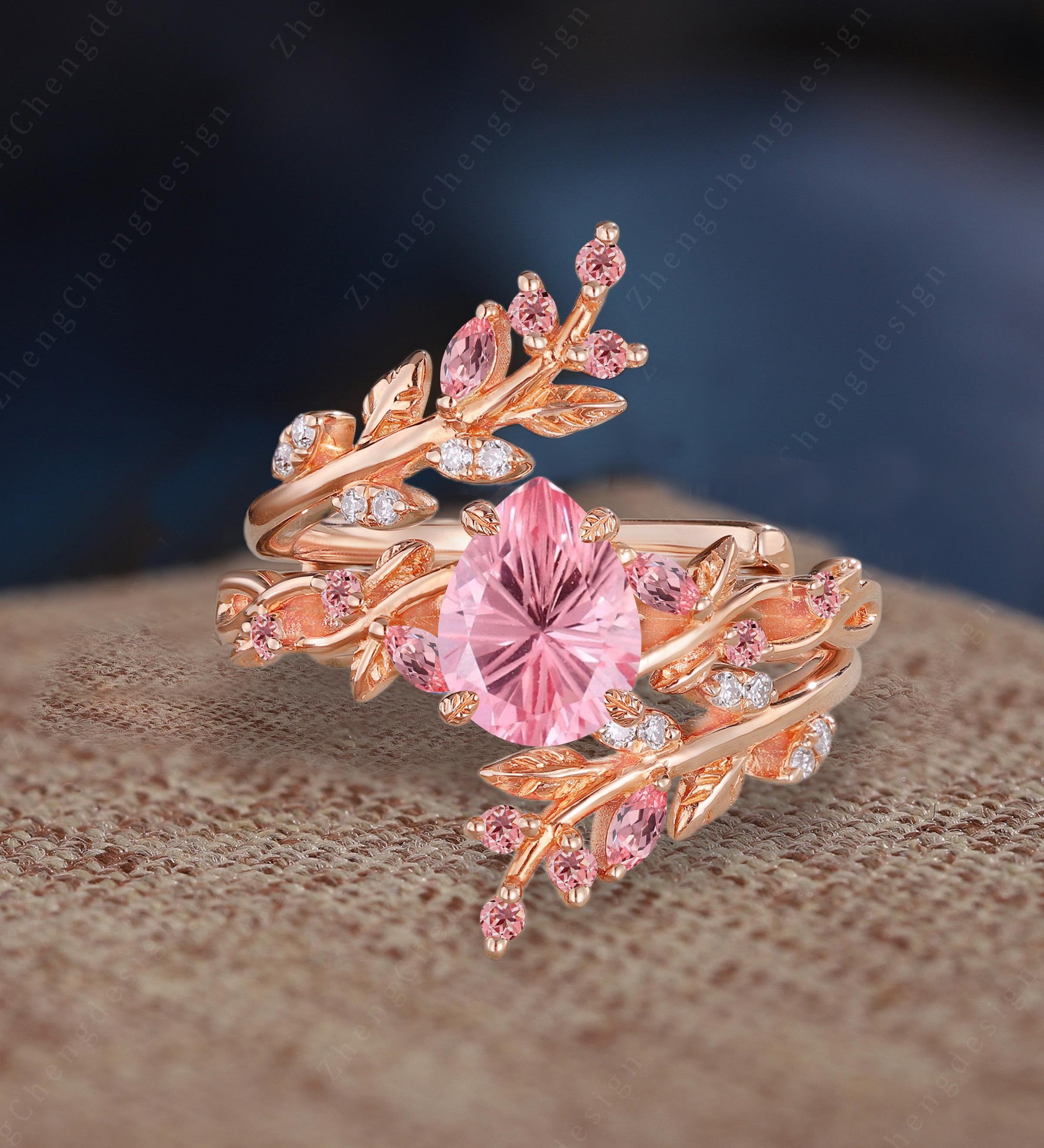 Unique Firework Cut Pink Sapphire Engagement Ring Set Rose Gold