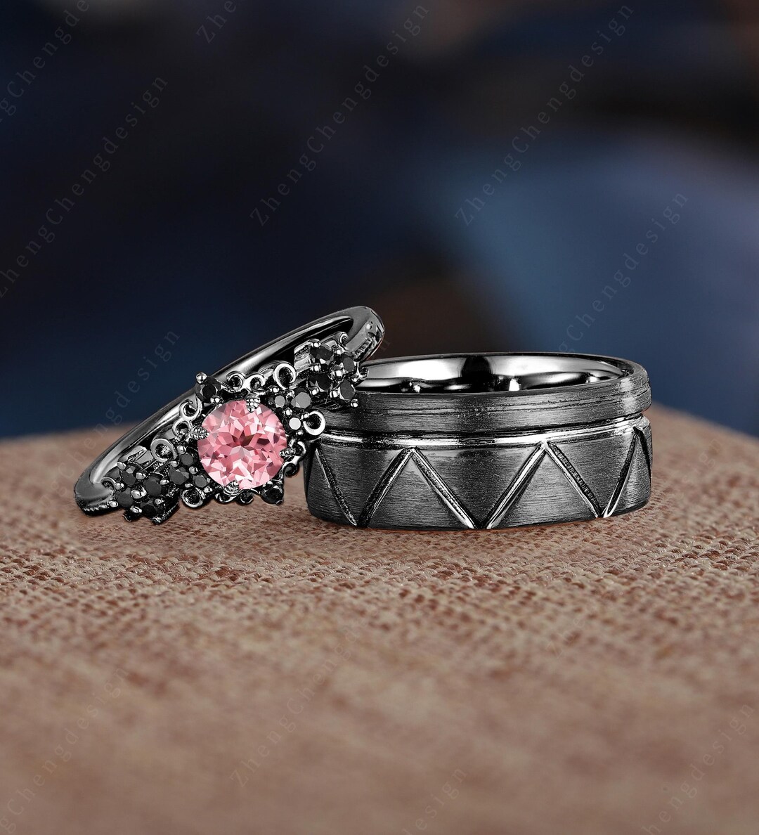 Unique Black Gold Round Pink Sapphire Couple Rings Dainty Cluster