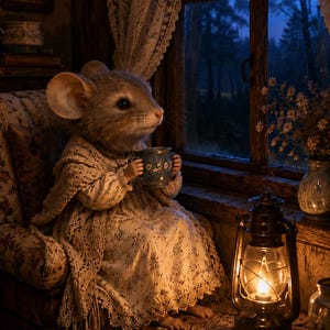 May include: A brown mouse figurine sitting in a floral armchair, wearing a cream-colored dress and a crocheted shawl. The mouse holds a small blue mug with white floral patterns. A lit metal lantern sits on a wooden table covered with a lace doily.