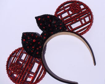 Star Wars Inspired Red Death Star Mickey Mouse Ears Rhinestone Crystal Headband Glitter Cosplay
