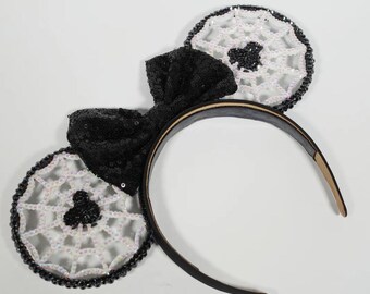 Crystal Mickey Mouse Ears Spooky Spiderweb Black White Bedazzled Sparkle Headband Classic Rhinestone Halloween Park Style