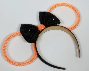 Crystal Mickey Mouse Ears Orange Bedazzled Sparkle Headband Classic Rhinestone Halloween Park Style