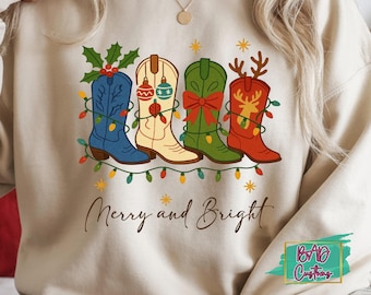 Merry & Bright Western Boots PNG, Country Christmas Design (Digital Download)