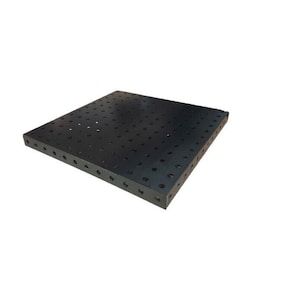 May include: A black metal perforated plate with a square shape. The plate has a grid of evenly spaced holes.