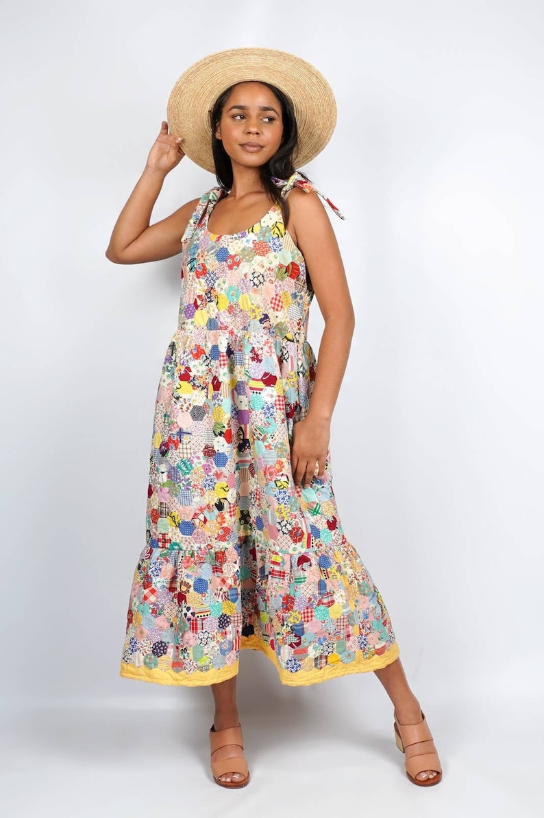 One-of-a-Kind Patchwork Midi Dress Made from a 1930s Quilt Top Small image 1