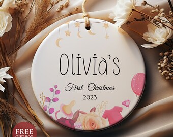 Baby's First Christmas Ornament For Girl - Baby Shower New Baby Gift - Custom My 1st Christmas Baby Name Ceramic Keepsake 2023