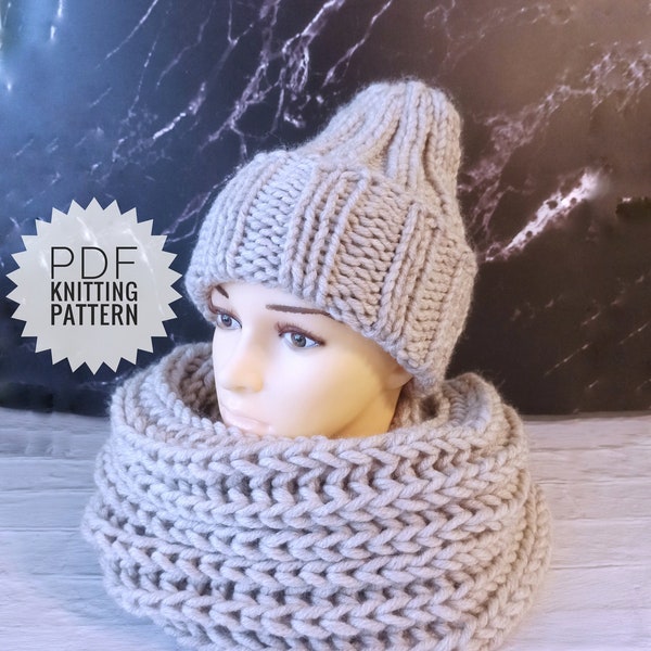 PDF KNITTING PATTERN, Ribbed Hat and Cowl Set, Hat with Folded Brim, Double Wrap Neck Warmer, Chunky Knittting, Quick Easy Pattern