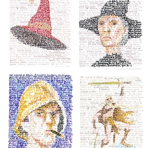 May include: A four-panel art print featuring typography-based illustrations. The top left shows a red wizard hat, the top right a black hat and face, the bottom left a yellow figure, and the bottom right a figure with a sword, all composed of text.