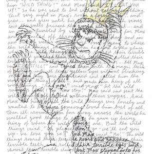 May include: A black and white illustration from "Where the Wild Things Are" by Maurice Sendak. The image features a monster with a crown, surrounded by handwritten text from the story.