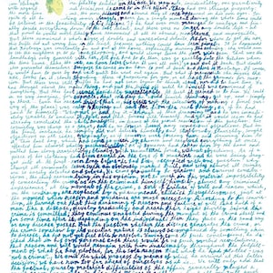 May include: A handwritten excerpt from a fictional novel by Fyodor Dostoevsky, "Crime and Punishment." The text is written in blue ink on white paper with a blue and green watercolor background. The text discusses the psychology of a criminal and the process of committing a crime.