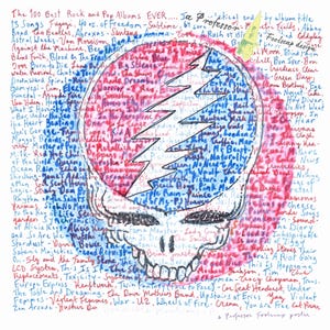 May include: A hand-drawn illustration of a Grateful Dead Steal Your Face skull with a list of the 100 best rock and pop albums ever written inside the skull. The list includes albums by artists such as The Beatles, The Rolling Stones, and Led Zeppelin.