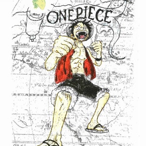 May include: A black and white illustration of a cartoon character with spiky brown hair, wearing a red vest and black shorts, standing on a map with the words "ONE PIECE" written across it.