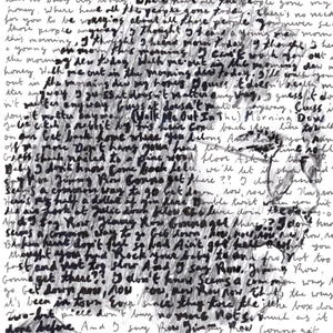 May include: Handwritten lyrics on a white paper, featuring the phrases "Walk me out in the morning dew" and "Jimmy Row." The text is in black ink, with some areas densely filled, creating a textured appearance.