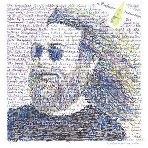 May include: A hand-drawn list of the greatest jazz albums of all time, written in blue, black, and green ink on a white background. The list includes album titles, artists, and record labels. The text is written in a cursive style and includes a whimsical illustration of a jester's hat.