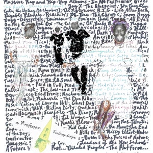 以下が含まれることがあります： The Roots、Wu-Tang Clan、Snoop Doggなどの作品を含む、影響力のあるヒップホップアルバムのリストが記載された手描きのポスター。アートワークには様式化された人物とテキストが含まれており、「professor foolscap poster」の署名があります。